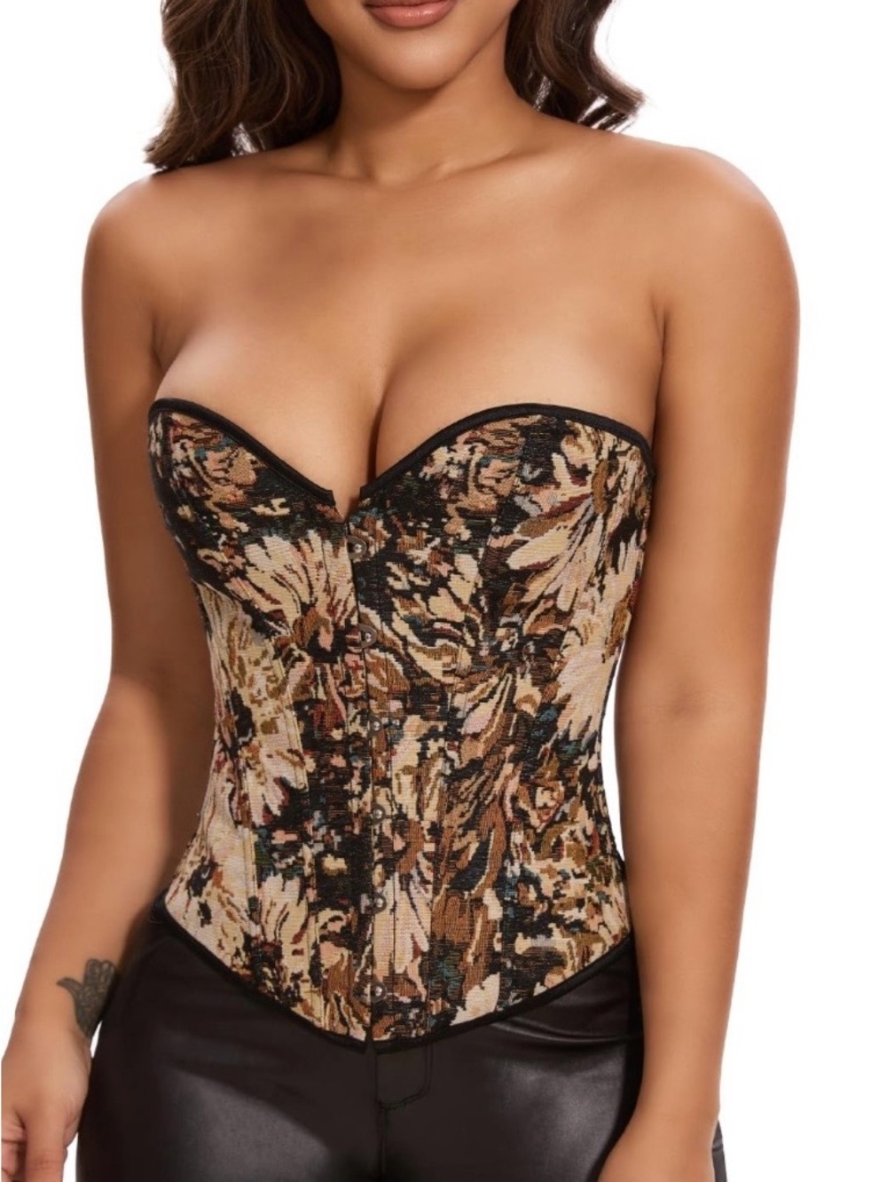 Strapless Floral Brocade Corset Top - Brown